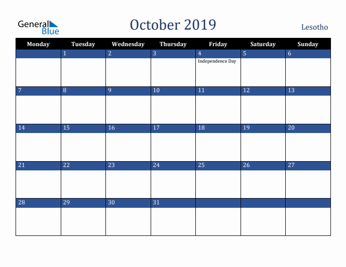 October 2019 Lesotho Calendar (Monday Start)