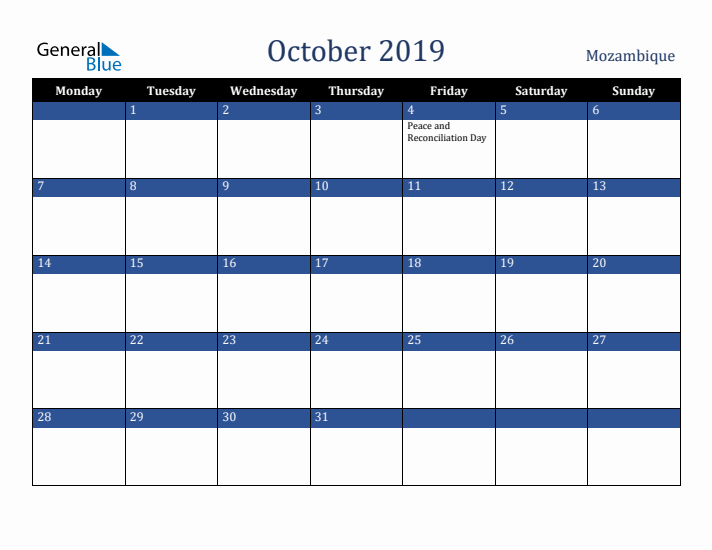 October 2019 Mozambique Calendar (Monday Start)