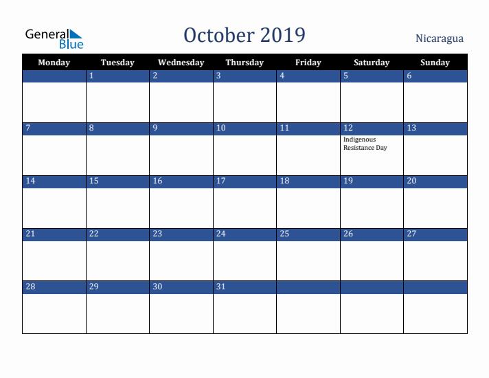 October 2019 Nicaragua Calendar (Monday Start)