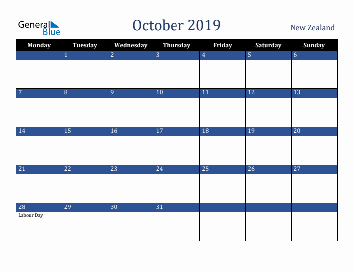 October 2019 New Zealand Calendar (Monday Start)