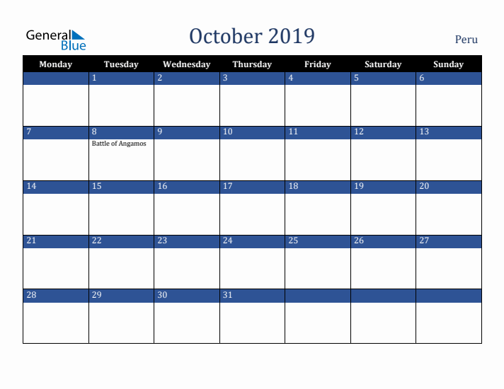 October 2019 Peru Calendar (Monday Start)