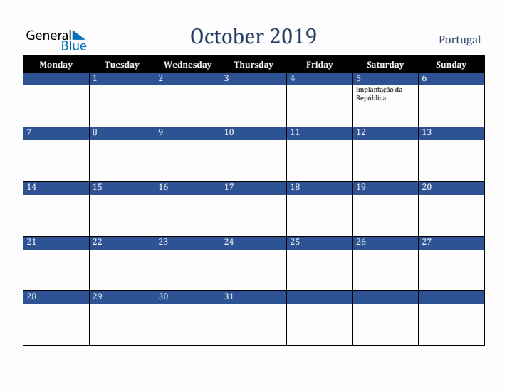 October 2019 Portugal Calendar (Monday Start)
