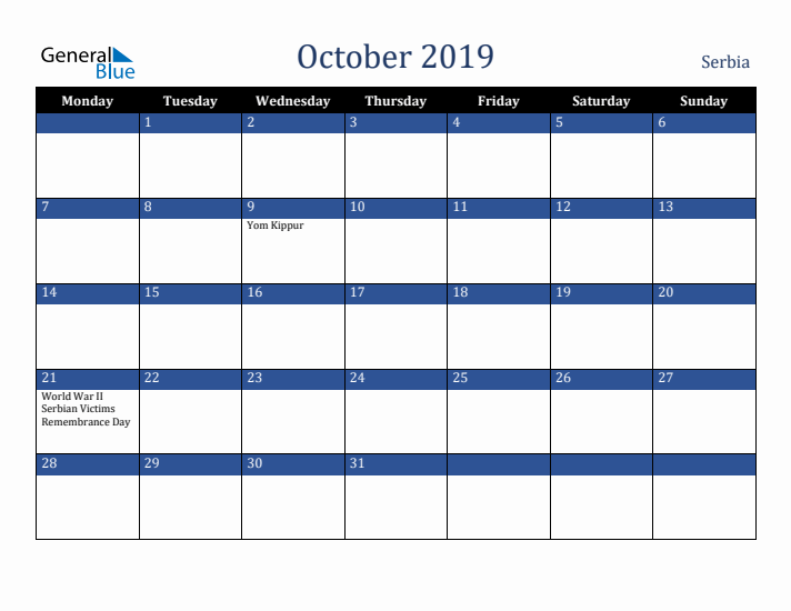 October 2019 Serbia Calendar (Monday Start)
