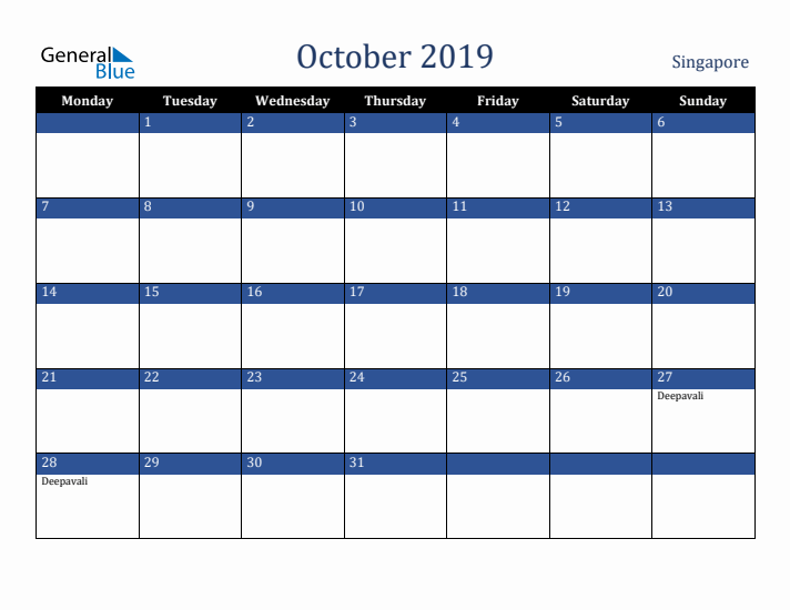 October 2019 Singapore Calendar (Monday Start)