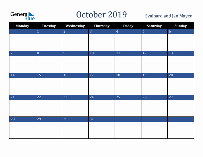 October 2019 Svalbard and Jan Mayen Calendar (Monday Start)
