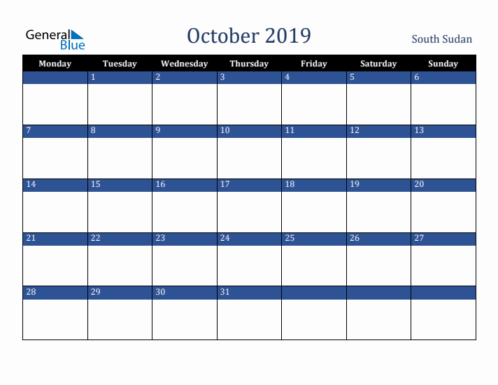 October 2019 South Sudan Calendar (Monday Start)