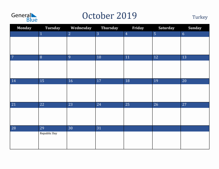 October 2019 Turkey Calendar (Monday Start)