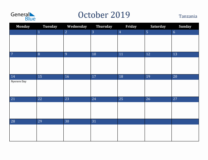October 2019 Tanzania Calendar (Monday Start)