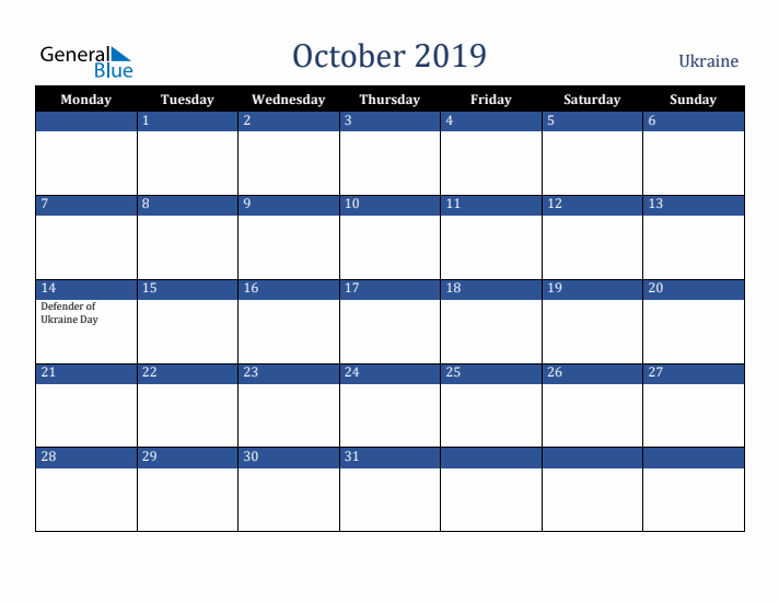 October 2019 Ukraine Calendar (Monday Start)