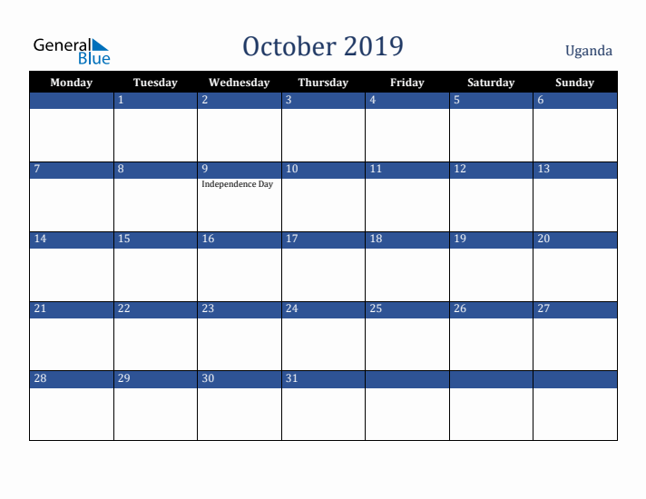 October 2019 Uganda Calendar (Monday Start)