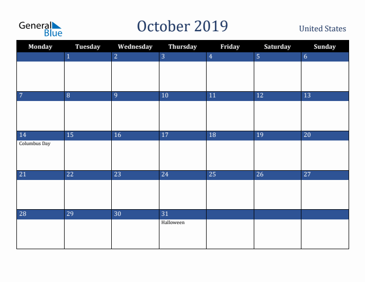 October 2019 United States Calendar (Monday Start)