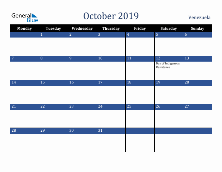 October 2019 Venezuela Calendar (Monday Start)