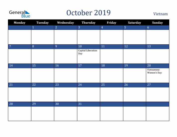 October 2019 Vietnam Calendar (Monday Start)