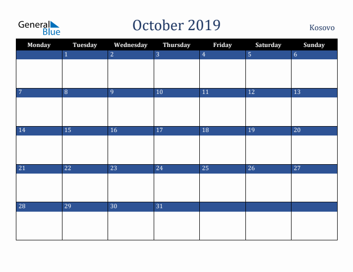 October 2019 Kosovo Calendar (Monday Start)