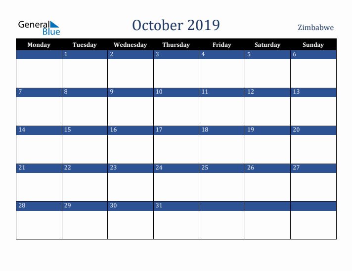 October 2019 Zimbabwe Calendar (Monday Start)
