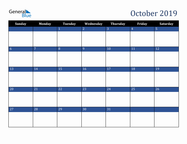 Sunday Start Calendar for October 2019