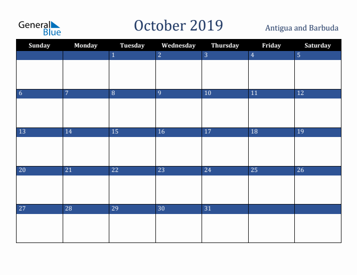 October 2019 Antigua and Barbuda Calendar (Sunday Start)