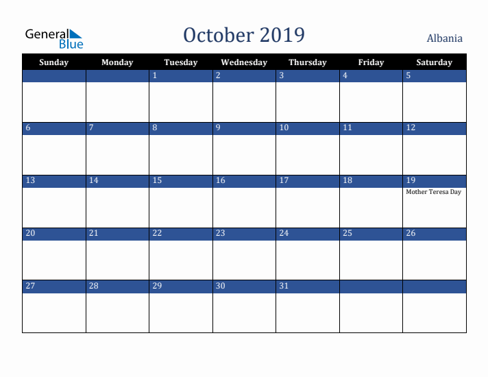 October 2019 Albania Calendar (Sunday Start)
