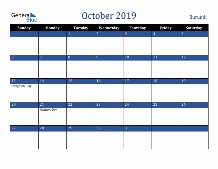 October 2019 Burundi Calendar (Sunday Start)