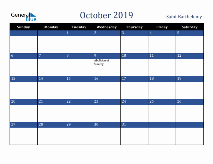 October 2019 Saint Barthelemy Calendar (Sunday Start)