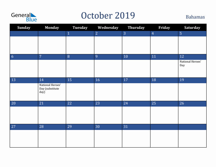 October 2019 Bahamas Calendar (Sunday Start)