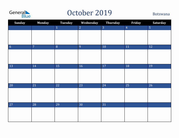 October 2019 Botswana Calendar (Sunday Start)