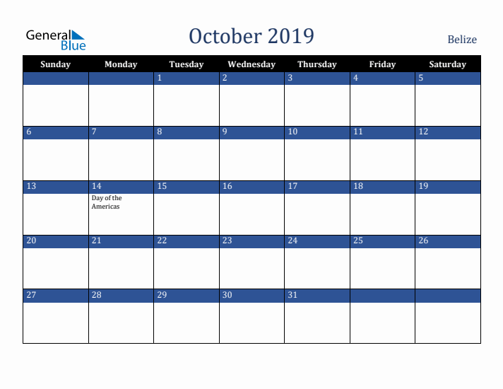 October 2019 Belize Calendar (Sunday Start)