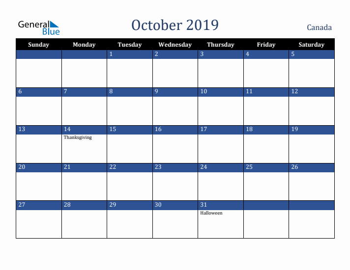 October 2019 Canada Calendar (Sunday Start)