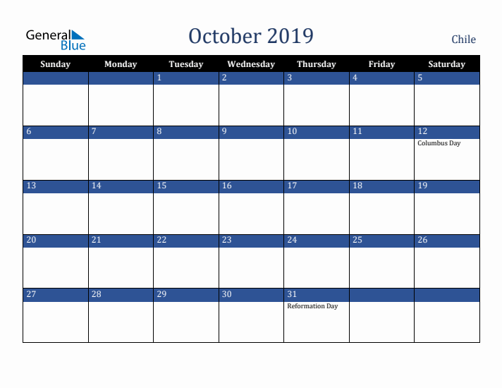 October 2019 Chile Calendar (Sunday Start)