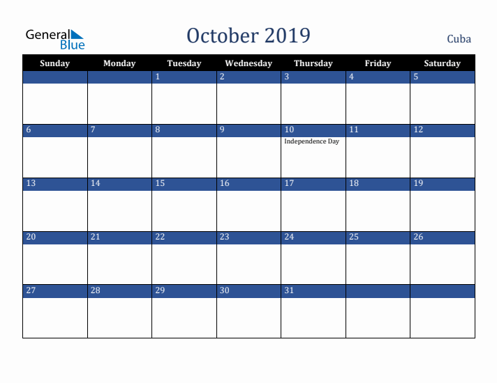 October 2019 Cuba Calendar (Sunday Start)