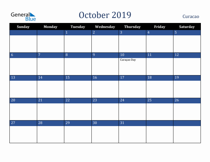October 2019 Curacao Calendar (Sunday Start)