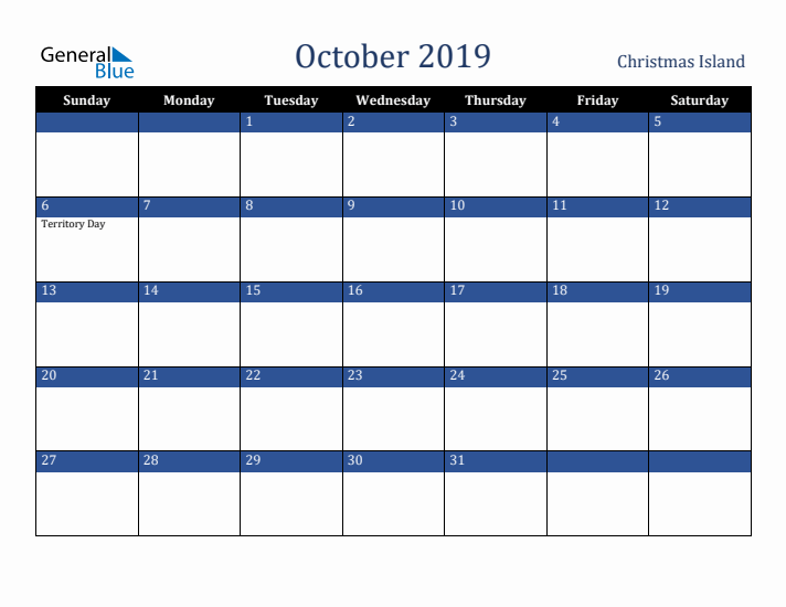 October 2019 Christmas Island Calendar (Sunday Start)