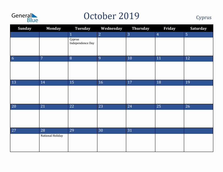 October 2019 Cyprus Calendar (Sunday Start)