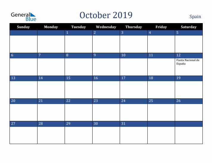 October 2019 Spain Calendar (Sunday Start)