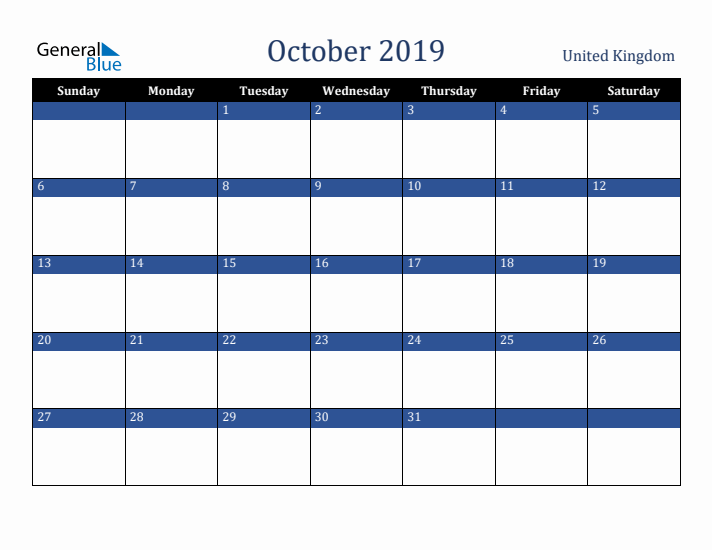 October 2019 United Kingdom Calendar (Sunday Start)
