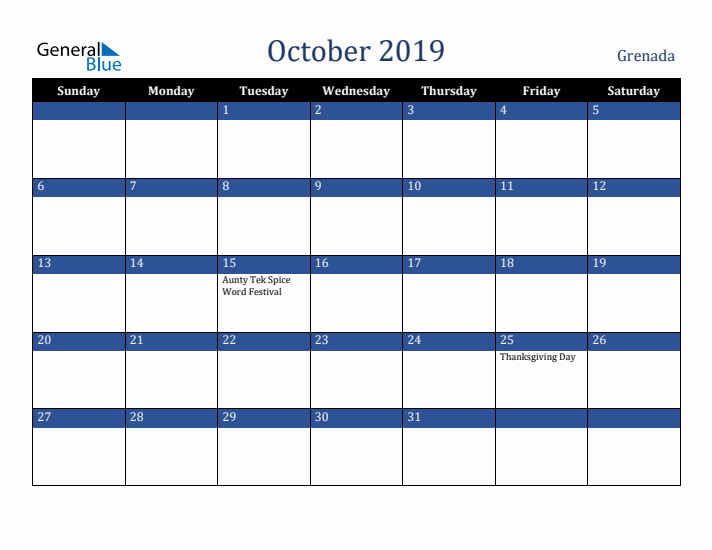October 2019 Grenada Calendar (Sunday Start)