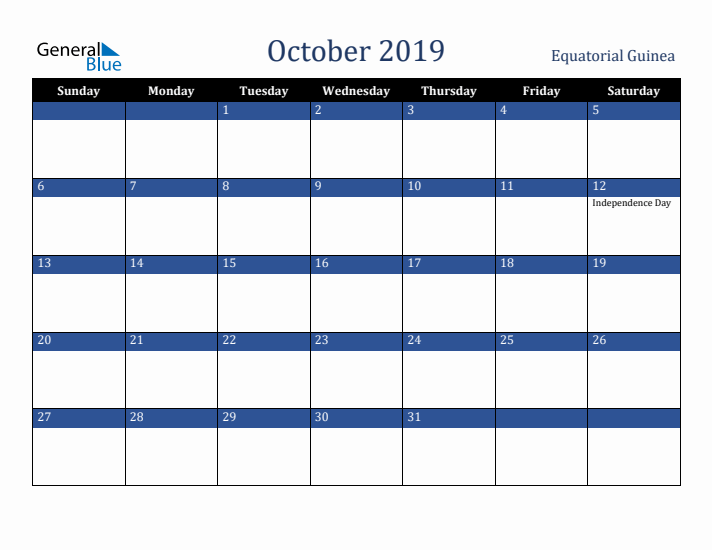 October 2019 Equatorial Guinea Calendar (Sunday Start)