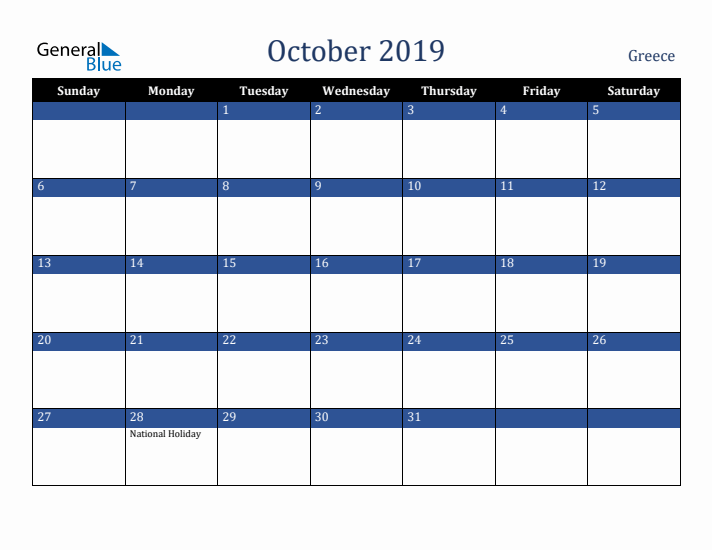 October 2019 Greece Calendar (Sunday Start)
