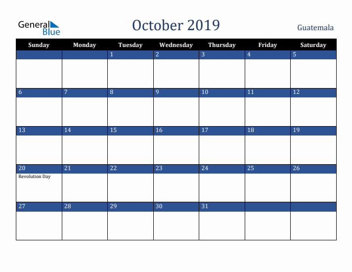 October 2019 Guatemala Calendar (Sunday Start)