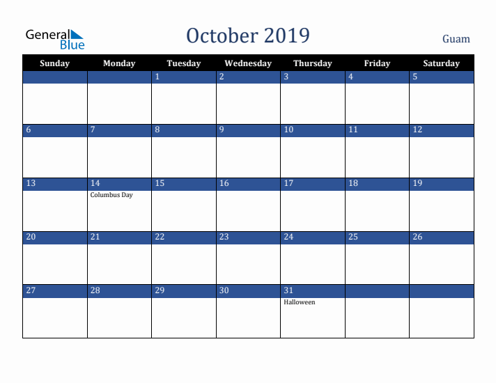 October 2019 Guam Calendar (Sunday Start)