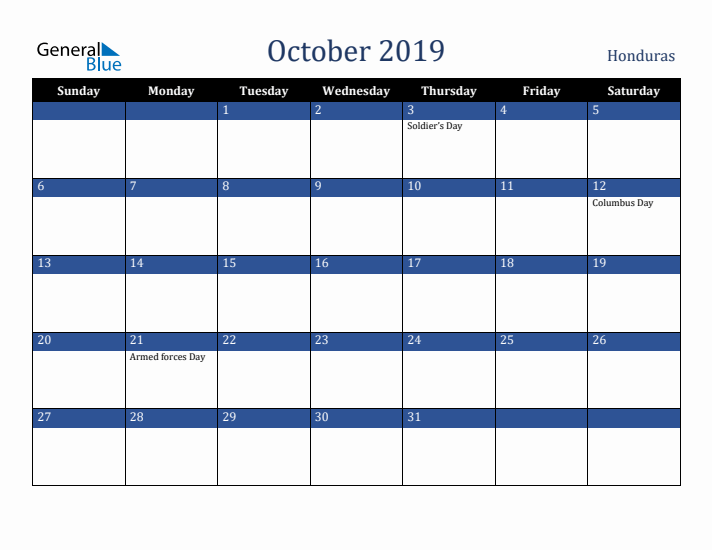 October 2019 Honduras Calendar (Sunday Start)