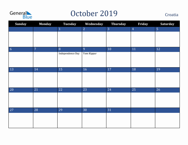 October 2019 Croatia Calendar (Sunday Start)