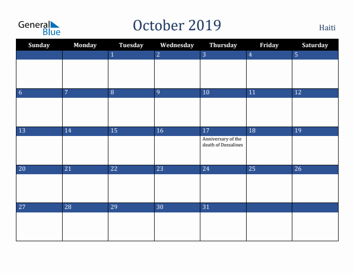 October 2019 Haiti Calendar (Sunday Start)