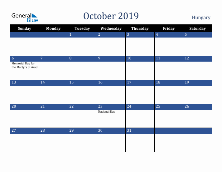 October 2019 Hungary Calendar (Sunday Start)