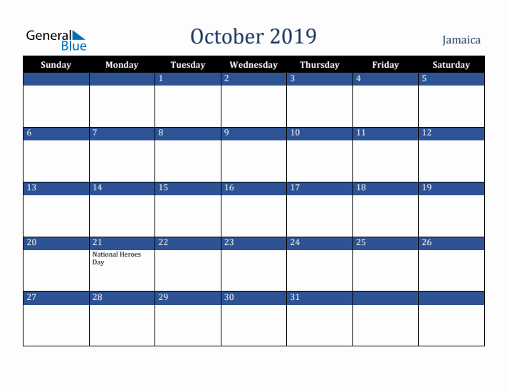 October 2019 Jamaica Calendar (Sunday Start)
