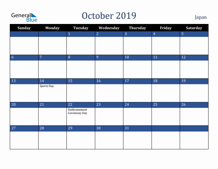 October 2019 Japan Calendar (Sunday Start)