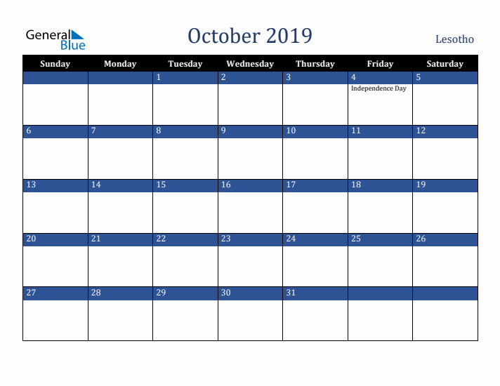 October 2019 Lesotho Calendar (Sunday Start)
