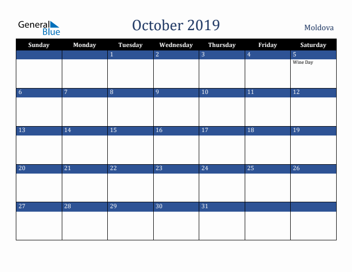 October 2019 Moldova Calendar (Sunday Start)