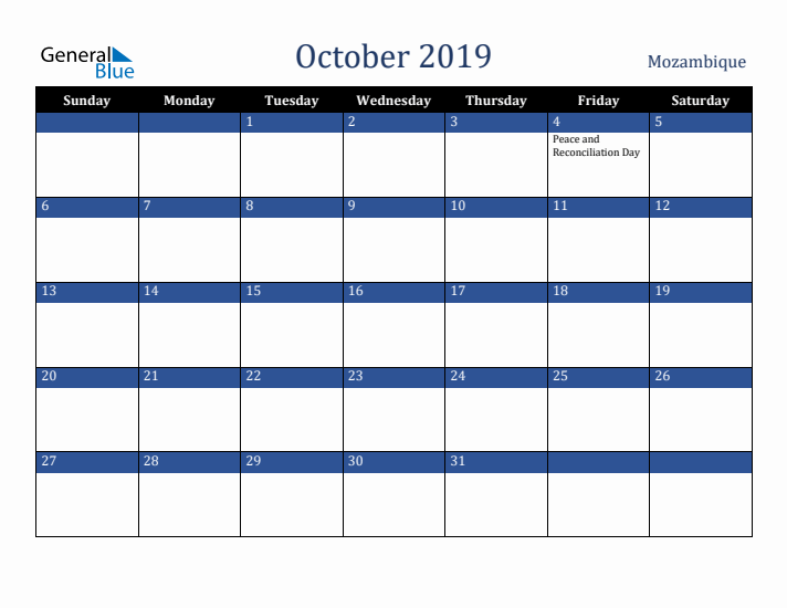 October 2019 Mozambique Calendar (Sunday Start)