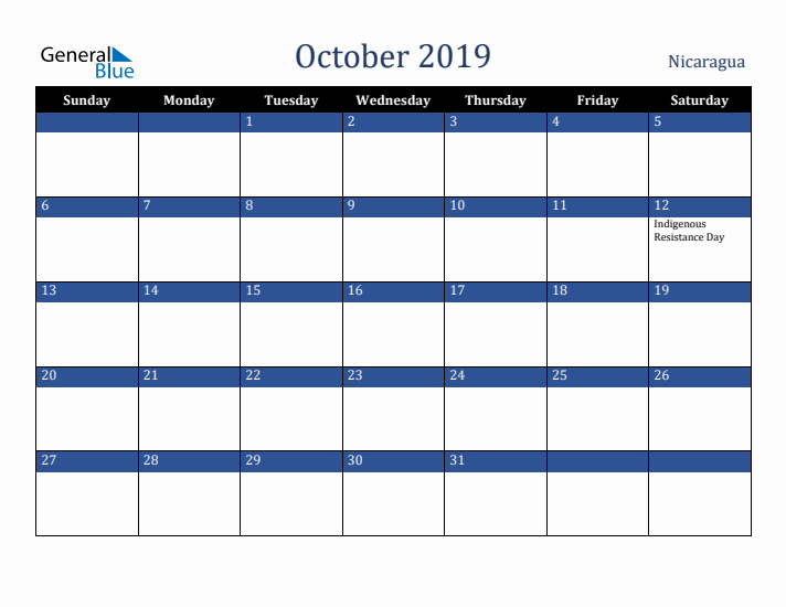 October 2019 Nicaragua Calendar (Sunday Start)